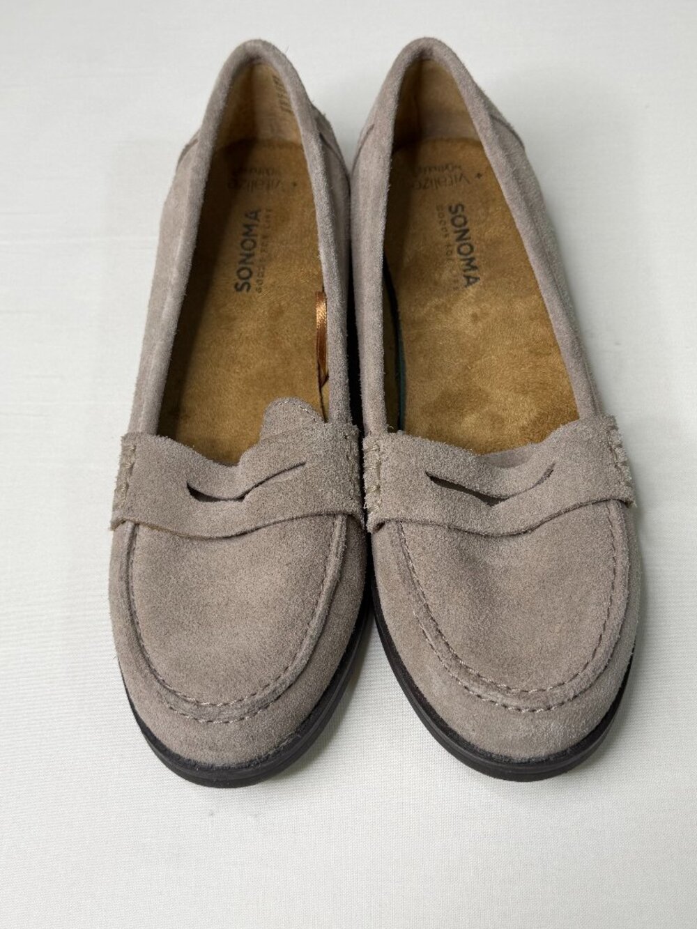 Sonoma Goods For Life Womens 6.5M Taupe Suede Penny Loafers Slip On Comfort Shoe